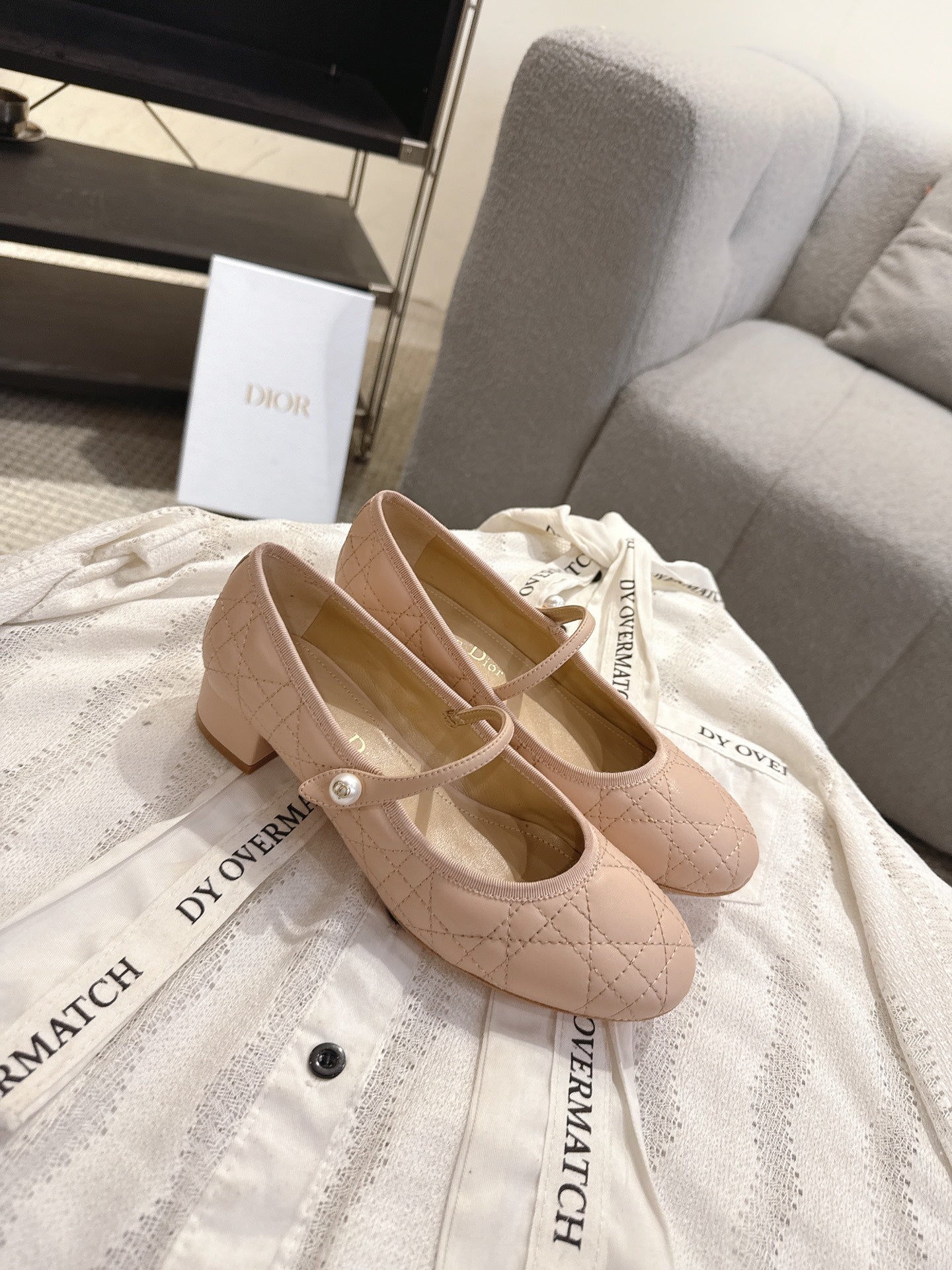 DIOR 26S MARY JANE PUMPS IN NUDE LAMBSKIN PEARL-ADORNED STRAP
