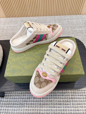 GUCCI 26S BACKLESS SNEAKERS IN BROWN CANVAS AND BEIGE LEATHER