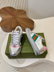 GUCCI 26S MESH SNEAKERS IN SILVER LEATHER