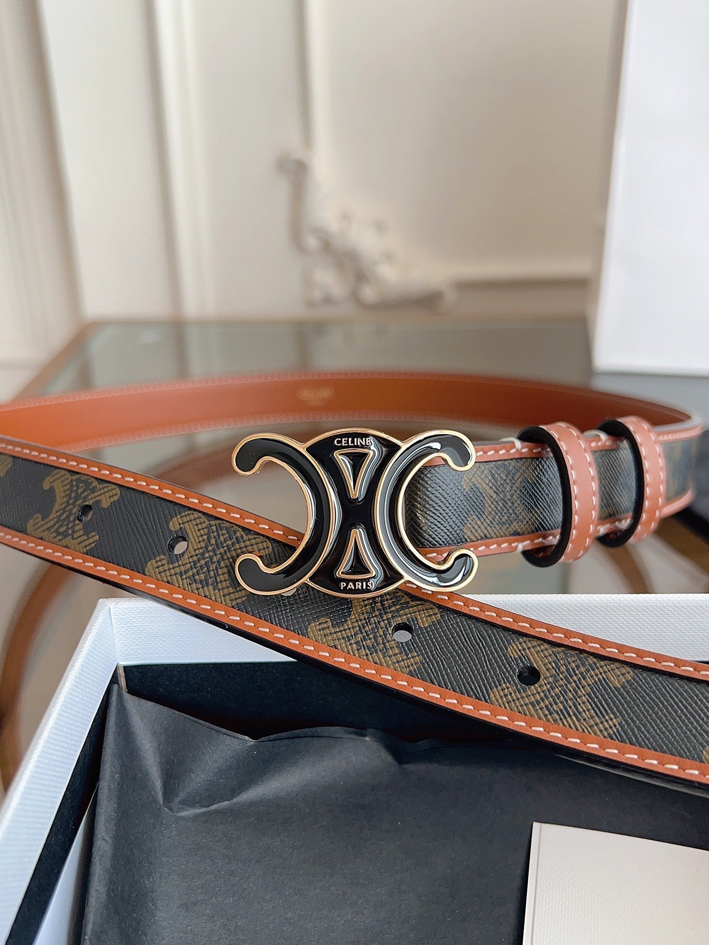 CELINE 26S BELT 25 MM IN BLACK AND BROWN CALFSKIN 669834