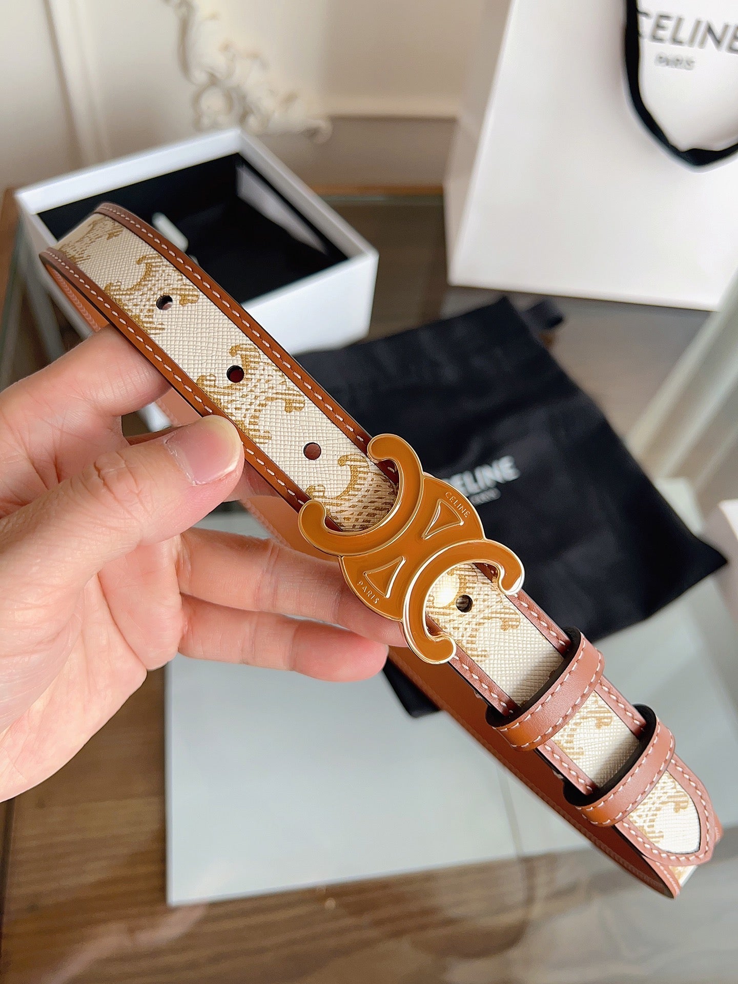 CELINE 26S BELT 25 MM IN BEIGE AND BROWN CALFSKIN 669835