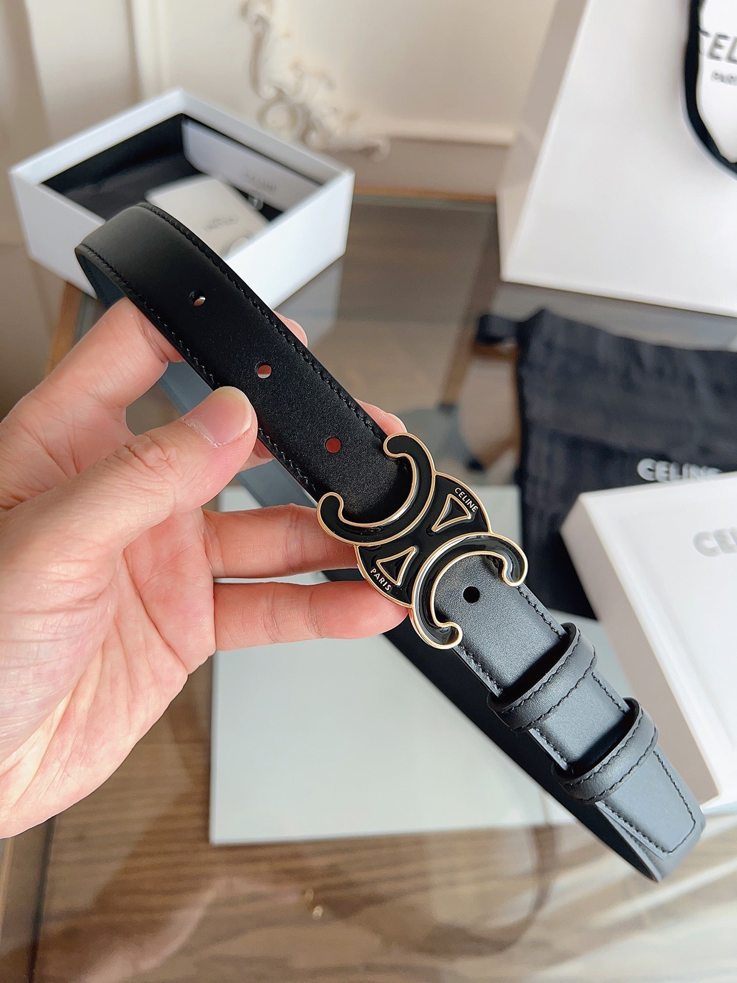 CELINE 26S BELT 25 MM IN BLACK CALFSKIN 669837