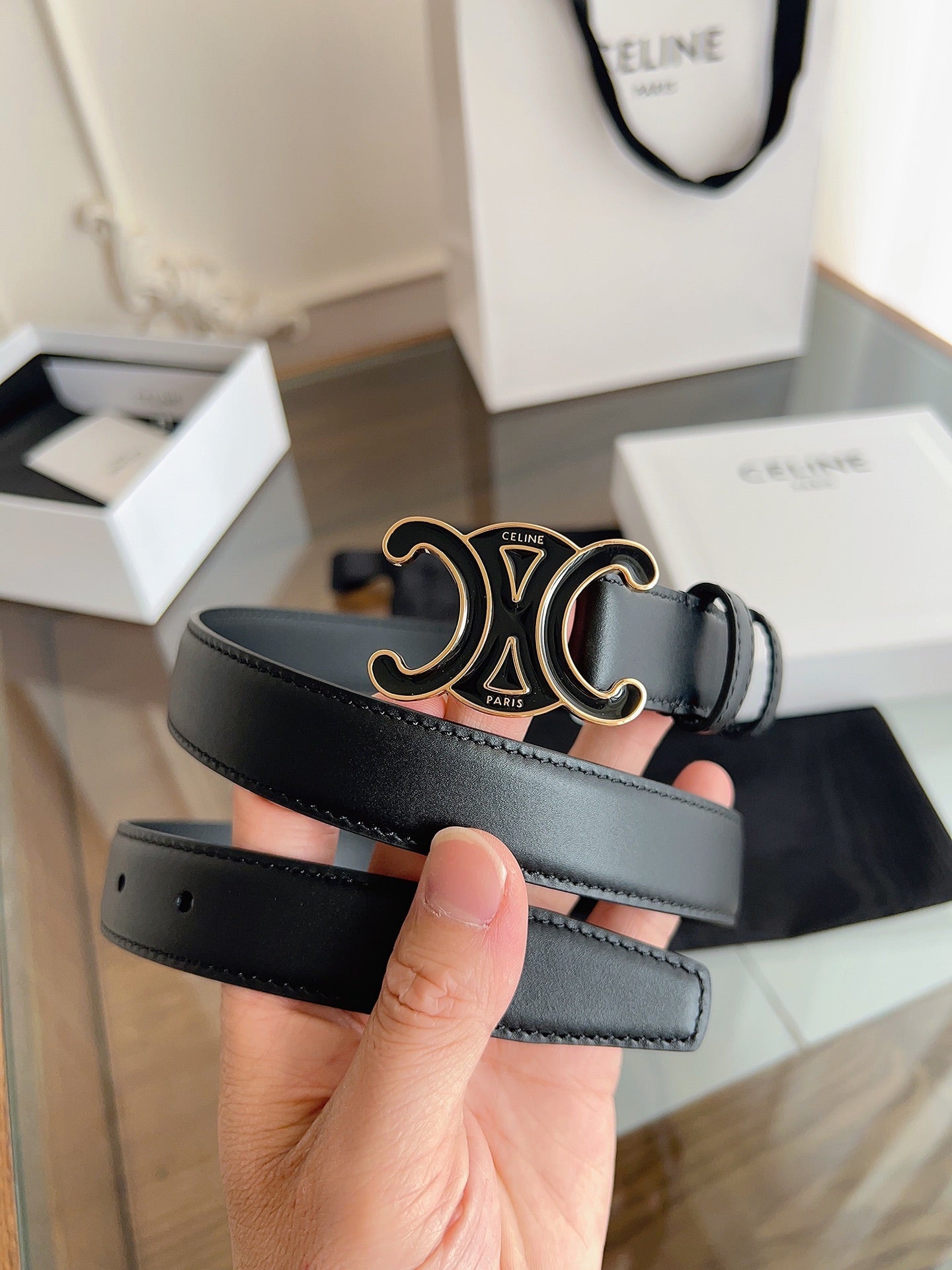 CELINE 26S BELT 25 MM IN BLACK CALFSKIN 669837