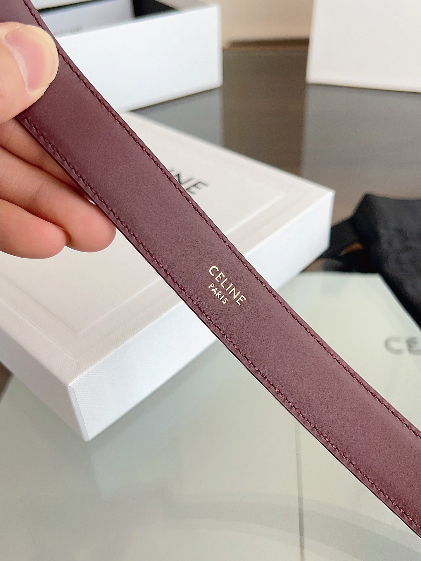 CELINE 26S BELT 25 MM IN DARK RED CALFSKIN 669843