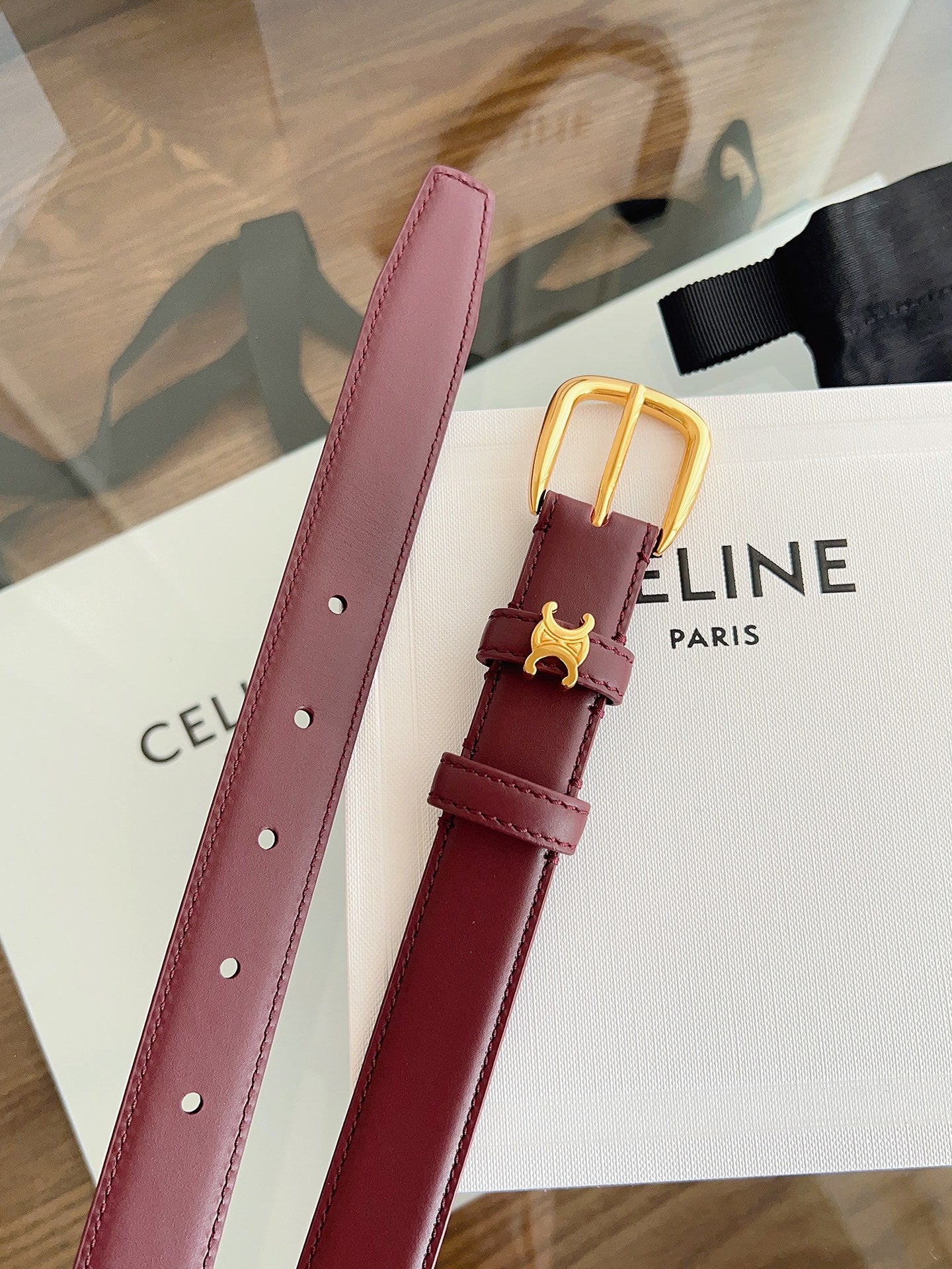 CELINE 26S BELT 25 MM IN DARK RED CALFSKIN 669843