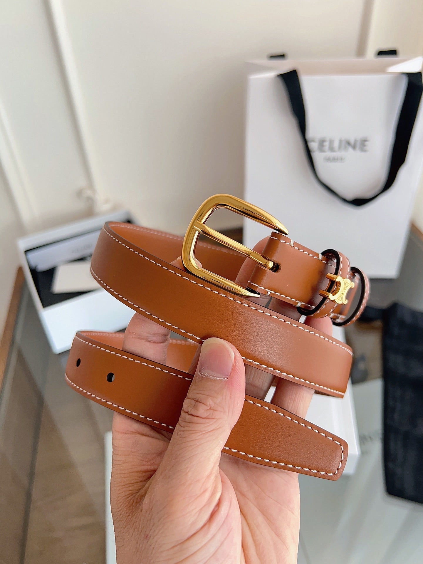 CELINE 26S BELT 25 MM IN BROWN CALFSKIN 669846