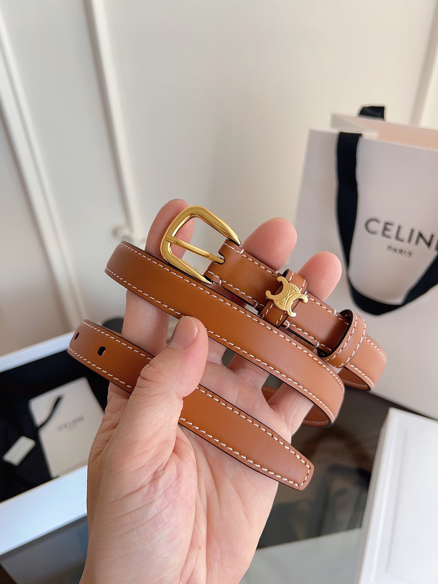 CELINE 26S BELT 18 MM IN BROWN CALFSKIN 658524