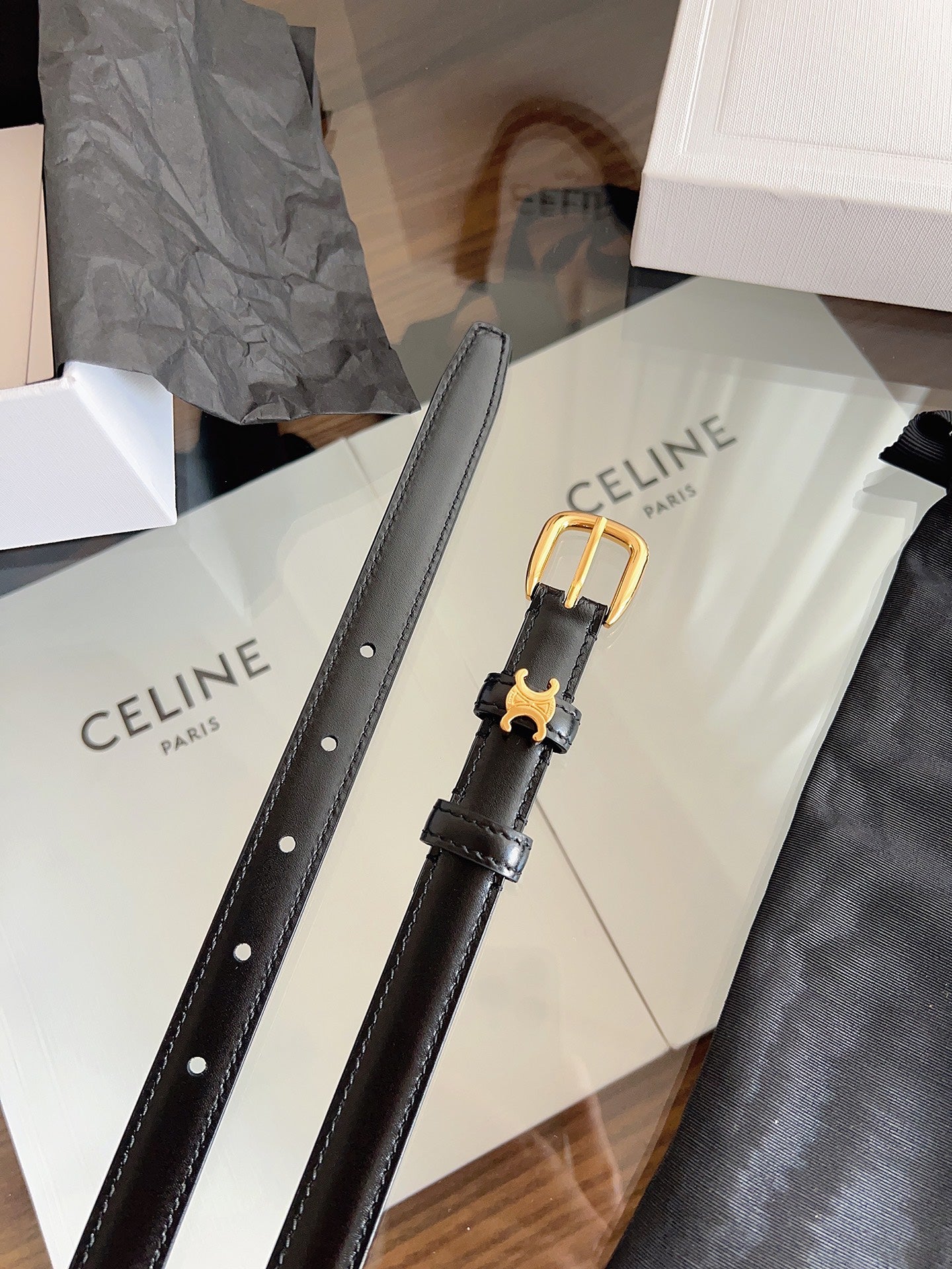 CELINE 26S BELT 18 MM IN BLACK CALFSKIN 658527