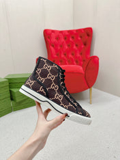 GUCCI 26S HIGH TOP SNEAKERS IN BROWN GG MONOGRAM CANVAS