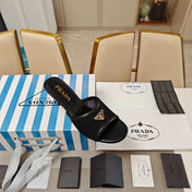 PRADA 26S MULE SANDALS 75MM IN BLACK CALFSKIN AND MESH GOLD HARDWARE