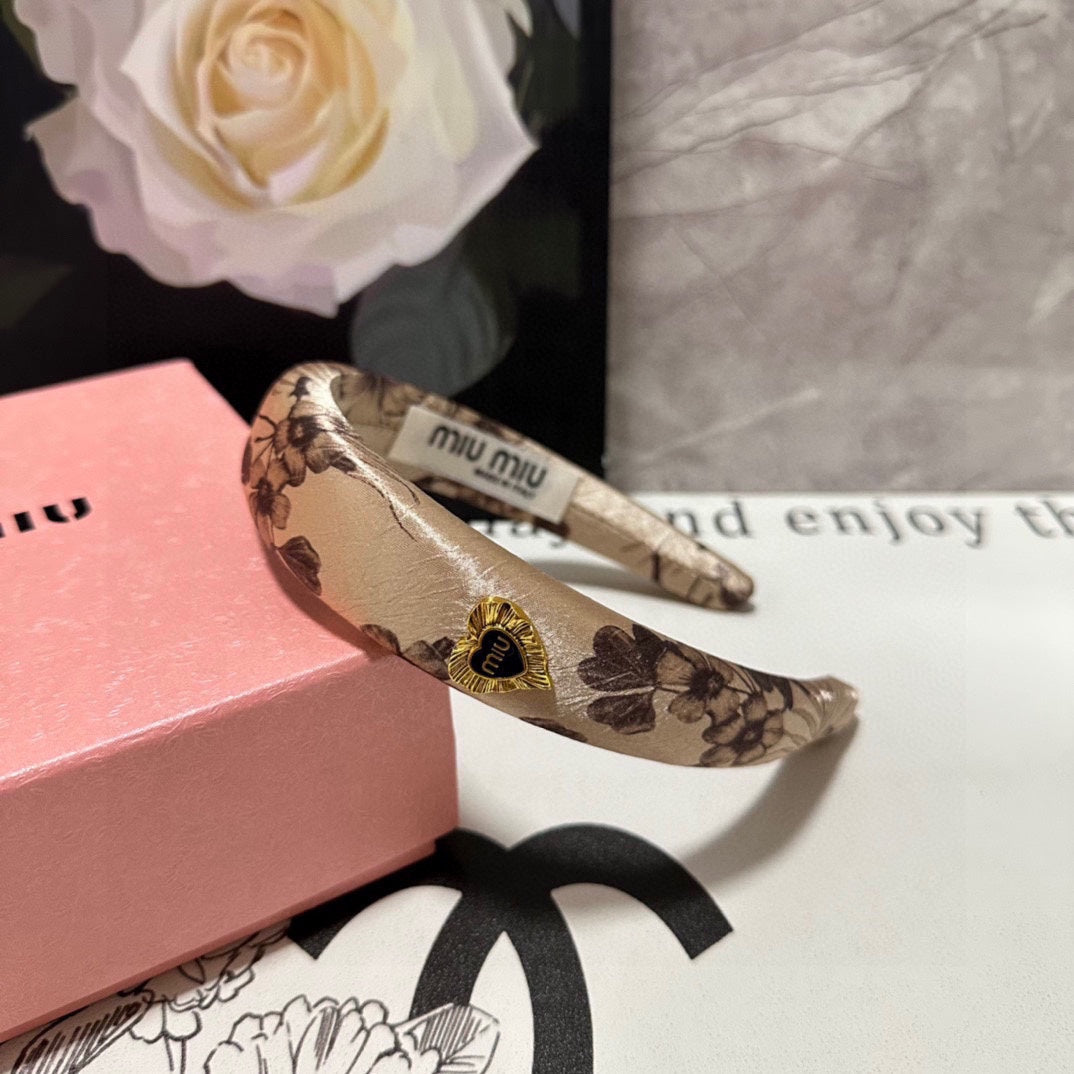 SILK THICK HEADBAND LIGHT BROWN FLOWER PRINT 239957