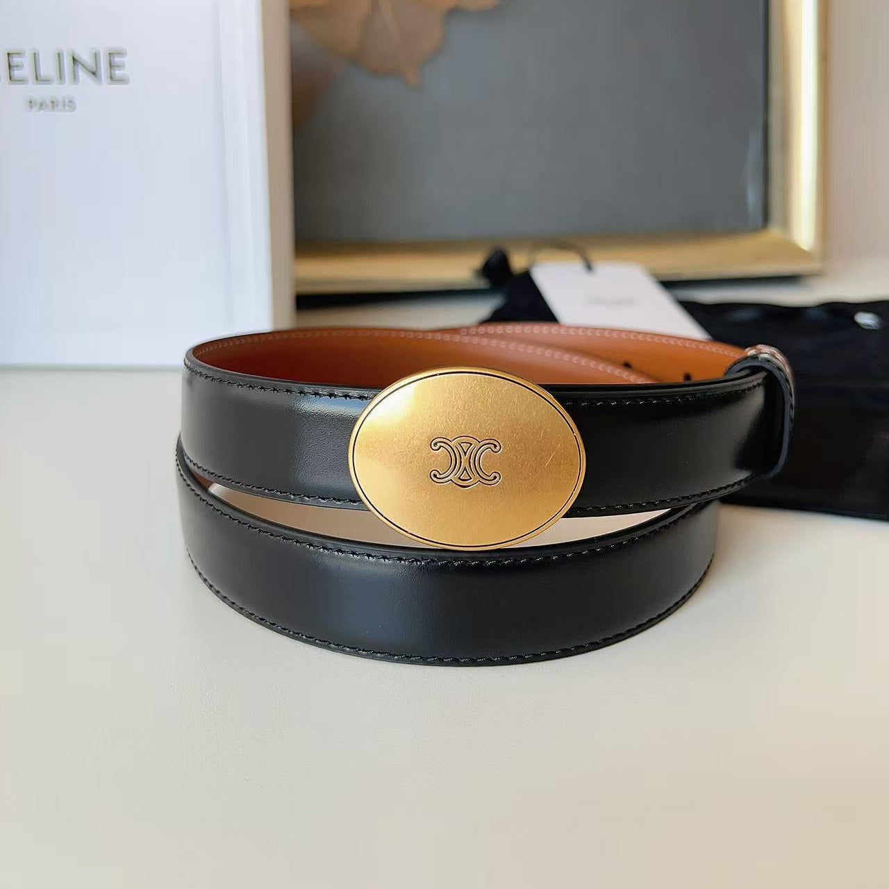 CELINE 26S BELT 25 MM IN BLACK CALFSKIN 672298