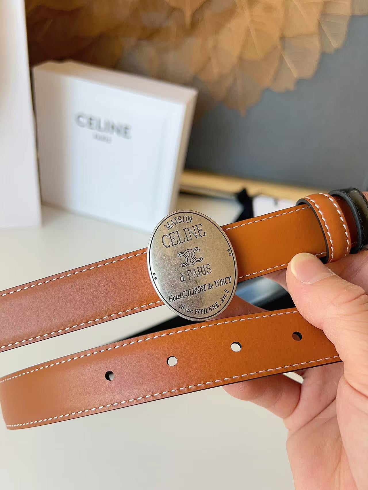 CELINE 26S BELT 25 MM IN BROWN CALFSKIN 672300