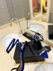 SL RHINESTONE HEELED SANDALS COBALT SATIN