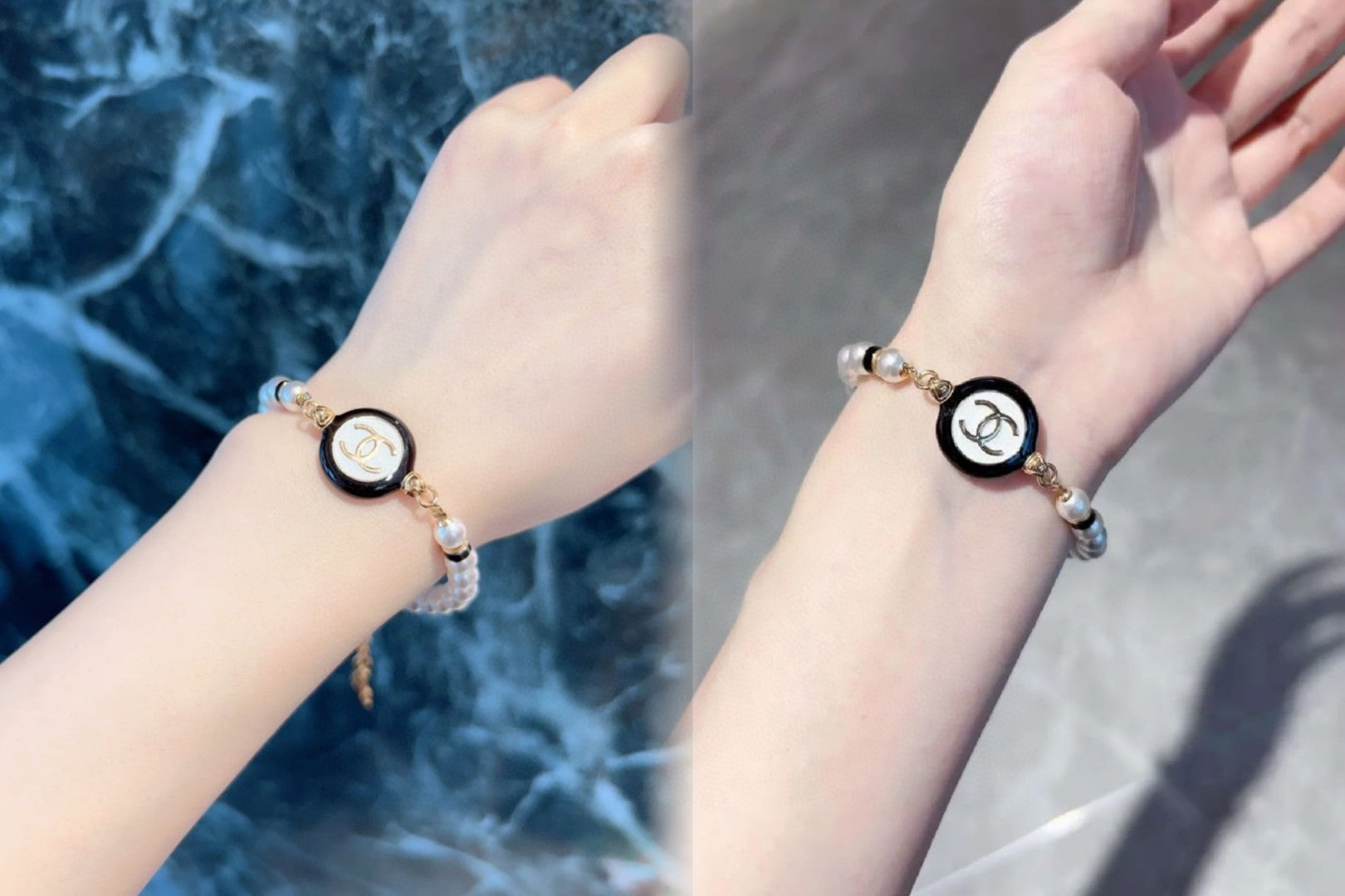 Classic CC bracelet with faux pearls and black resin.