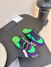 SNEAKER MULES IN GREEN NYLON AND PURPLE SUEDE