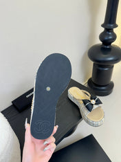 PLATFORM FLIP-FLOPS IN BEIGE TWEED FABRIC