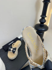 PLATFORM FLIP-FLOPS IN BEIGE TWEED FABRIC