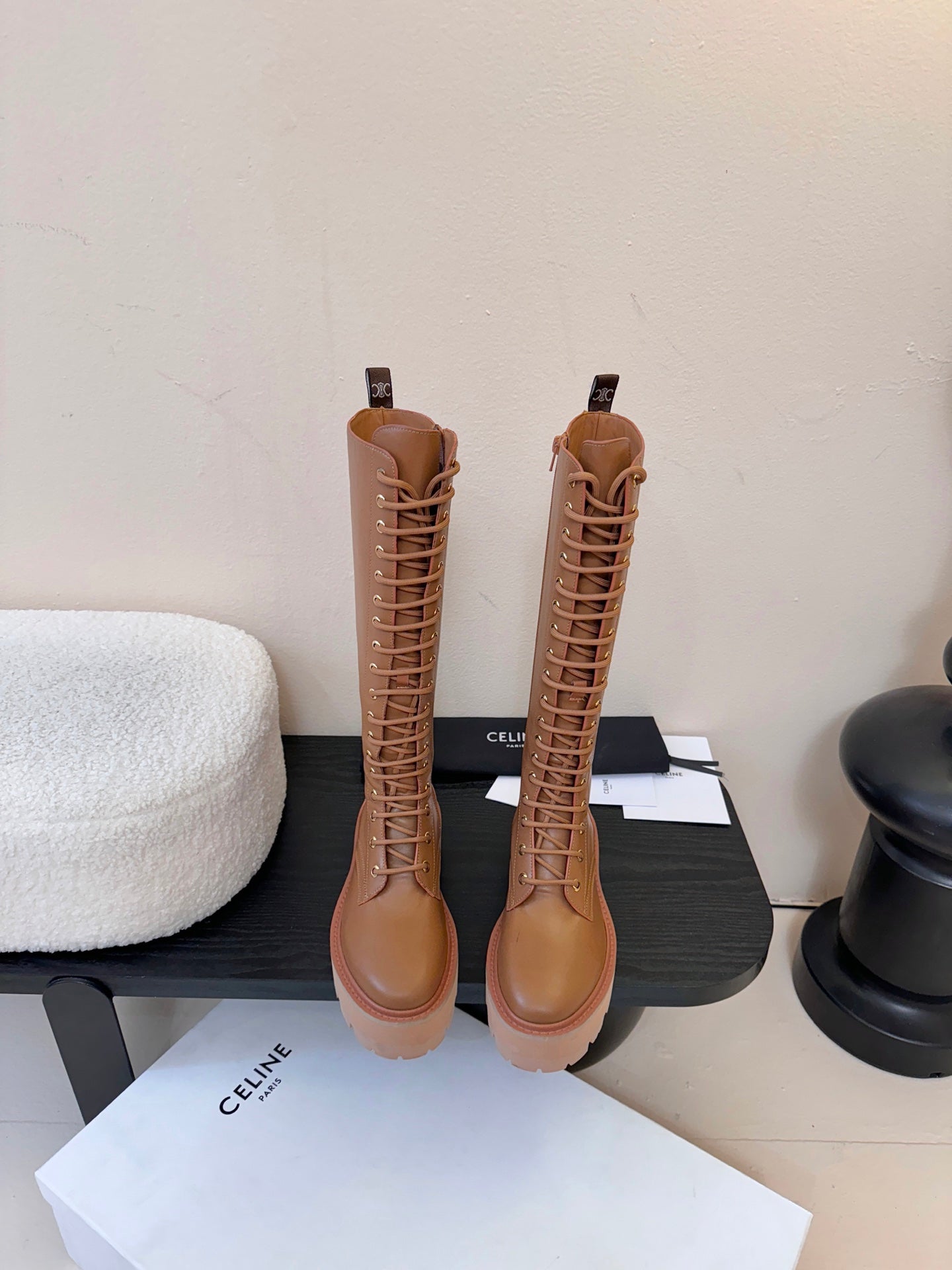 CELINE 26S LACE-UP HIGH-TOP BOOTS 45 MM IN BROWN CALFSKIN