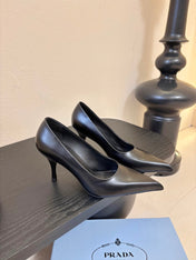 PRADA 26S POINTED-TOE HIGH HEELS IN BLACK LAMBSKIN