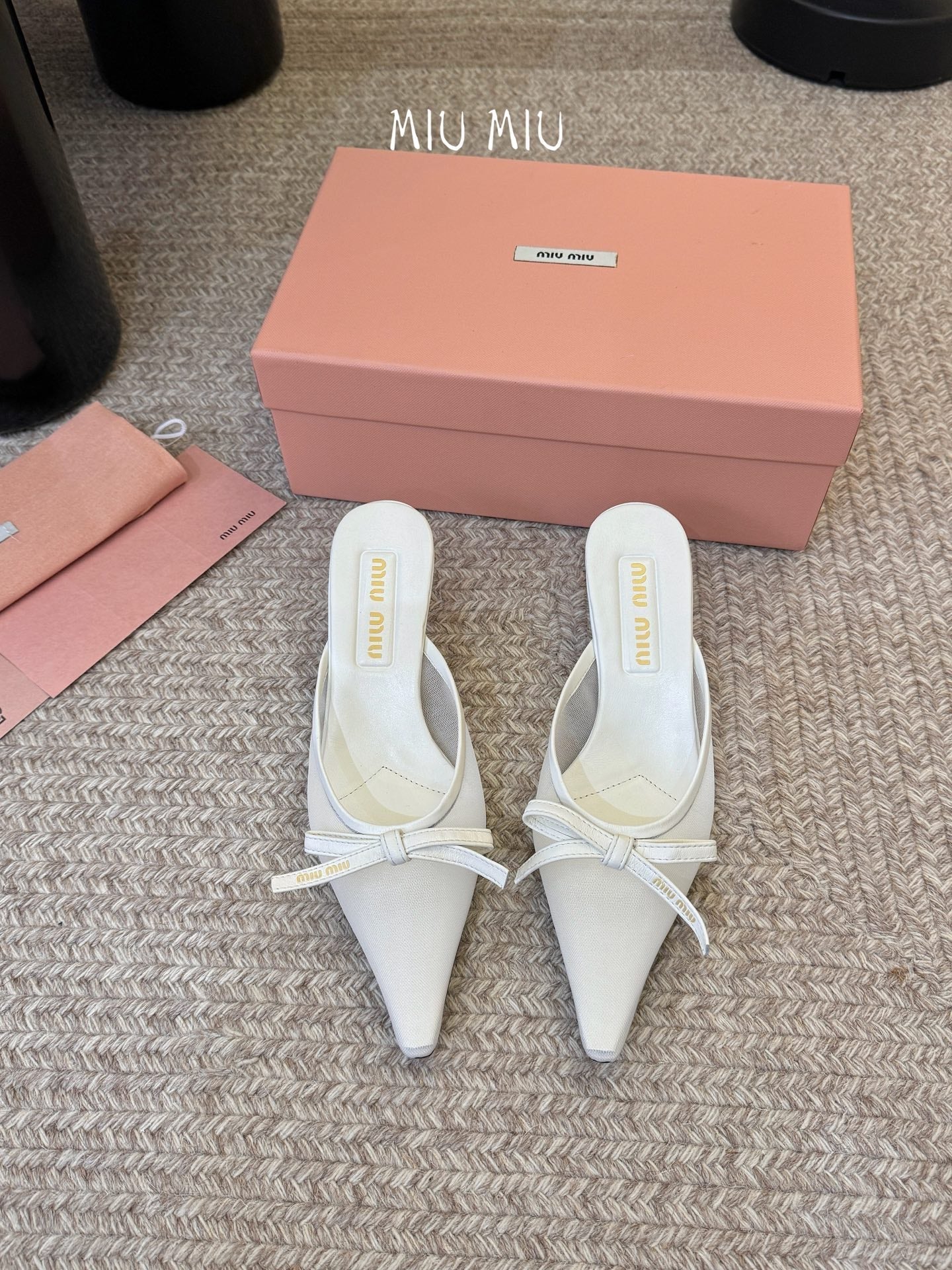 MIUMIU 26S HEEL MULES IN WHITE MESH AND LAMBSKIN