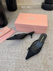 MIUMIU 26S HEEL MULES IN BLACK MESH AND LAMBSKIN