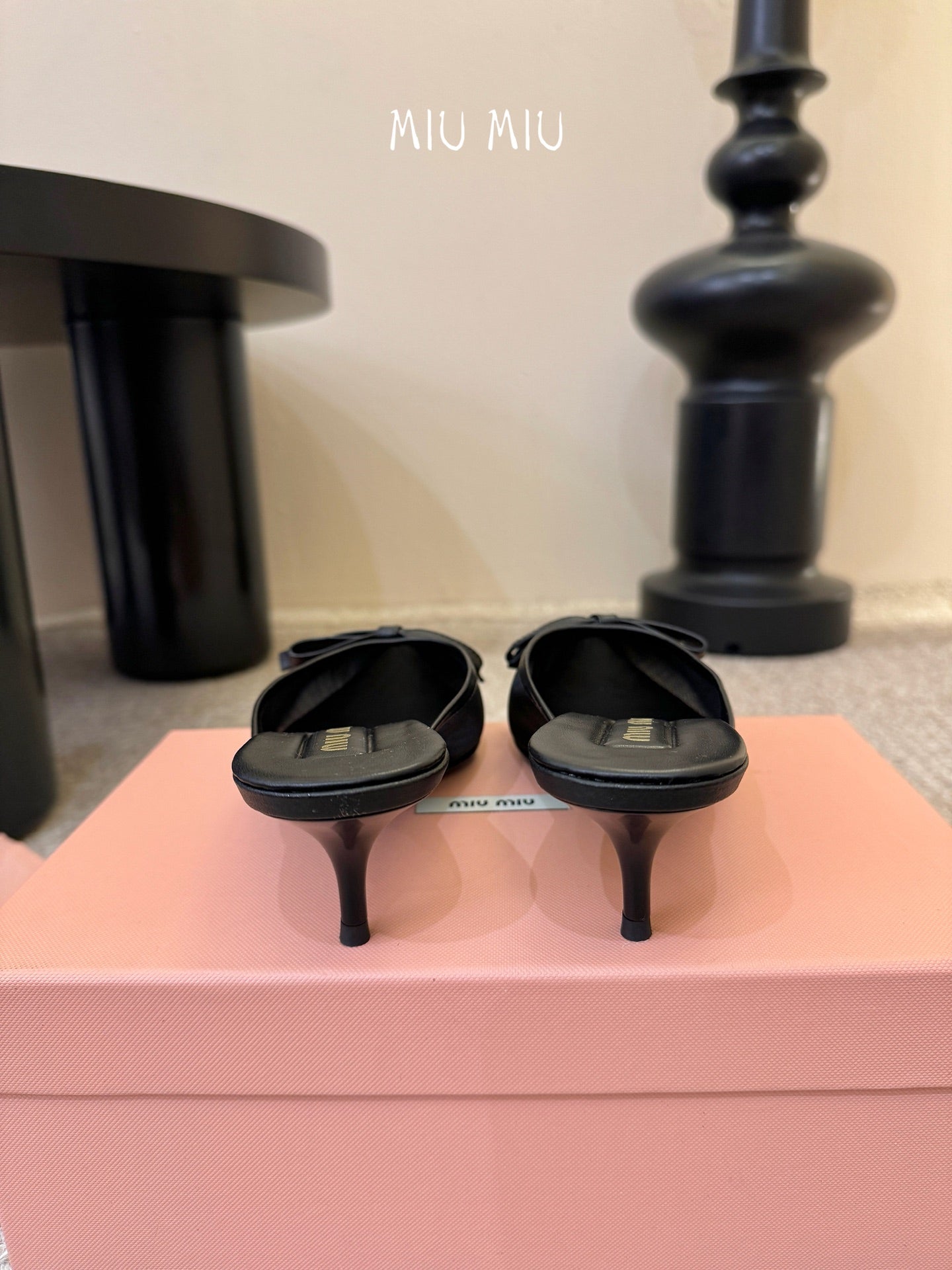 MIUMIU 26S HEEL MULES IN BLACK MESH AND LAMBSKIN