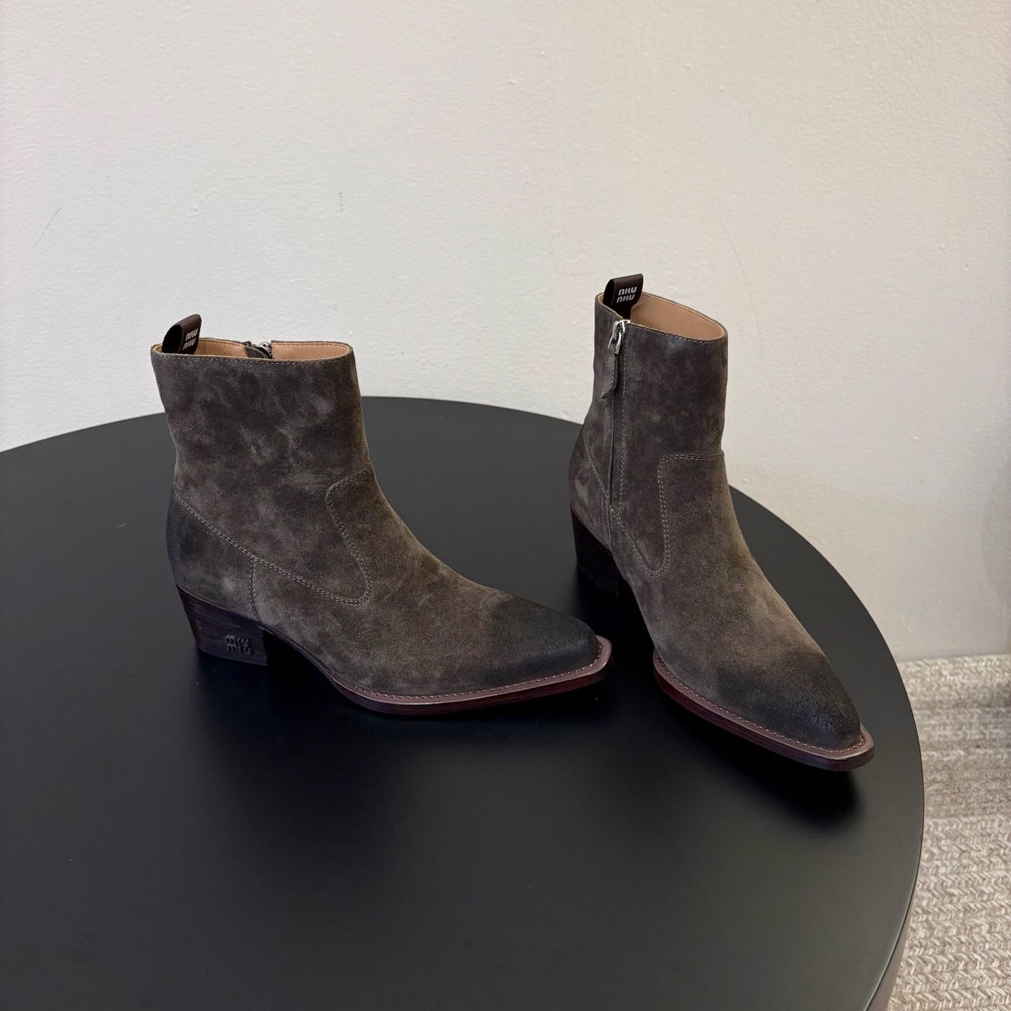 MIUMIU 26S WESTERN ANKLE BOOTS IN DARK GREY SUEDE