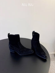 MIUMIU 26S WESTERN ANKLE BOOTS IN BLACK SUEDE