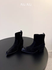 MIUMIU 26S WESTERN ANKLE BOOTS IN BLACK SUEDE