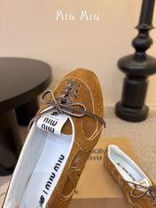 MIUMIU 26S LACE-UP BALLET IN BROWN SUEDE