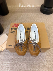 MIUMIU 26S LACE-UP BALLET IN BROWN SUEDE