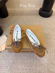 MIUMIU 26S LACE-UP BALLET IN BROWN SUEDE