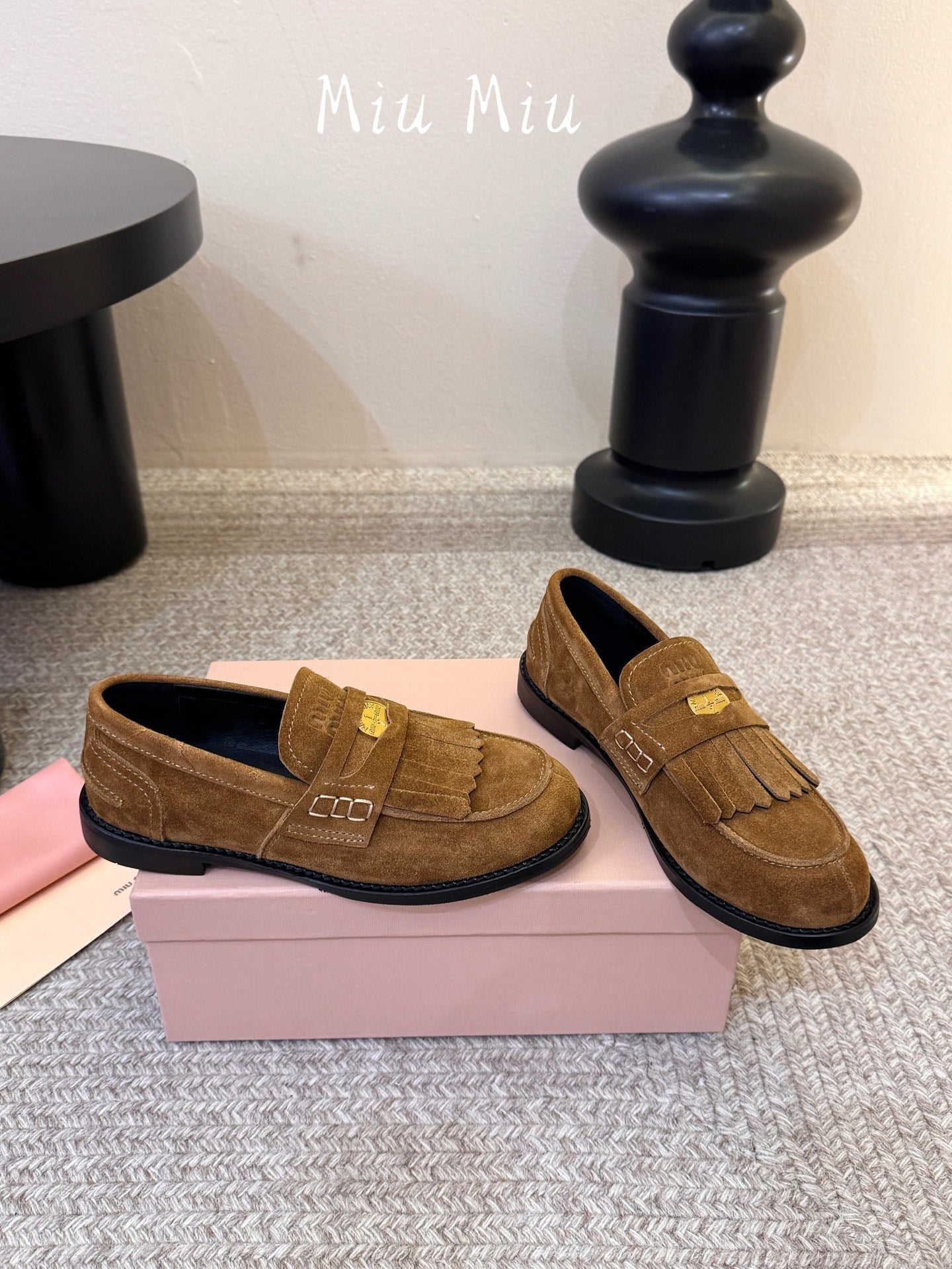 MIUMIU 26S FRINGE PENNY LOAFERS IN CAMEL BROWN SUEDE