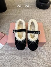 MIUMIU 26S SHEARLING-LINED MARY JANE IN BLACK SUEDE
