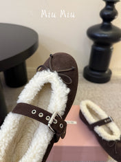 MIUMIU 26S SHEARLING-LINED MARY JANE IN DARK BROWN SUEDE