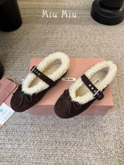 MIUMIU 26S SHEARLING-LINED MARY JANE IN DARK BROWN SUEDE