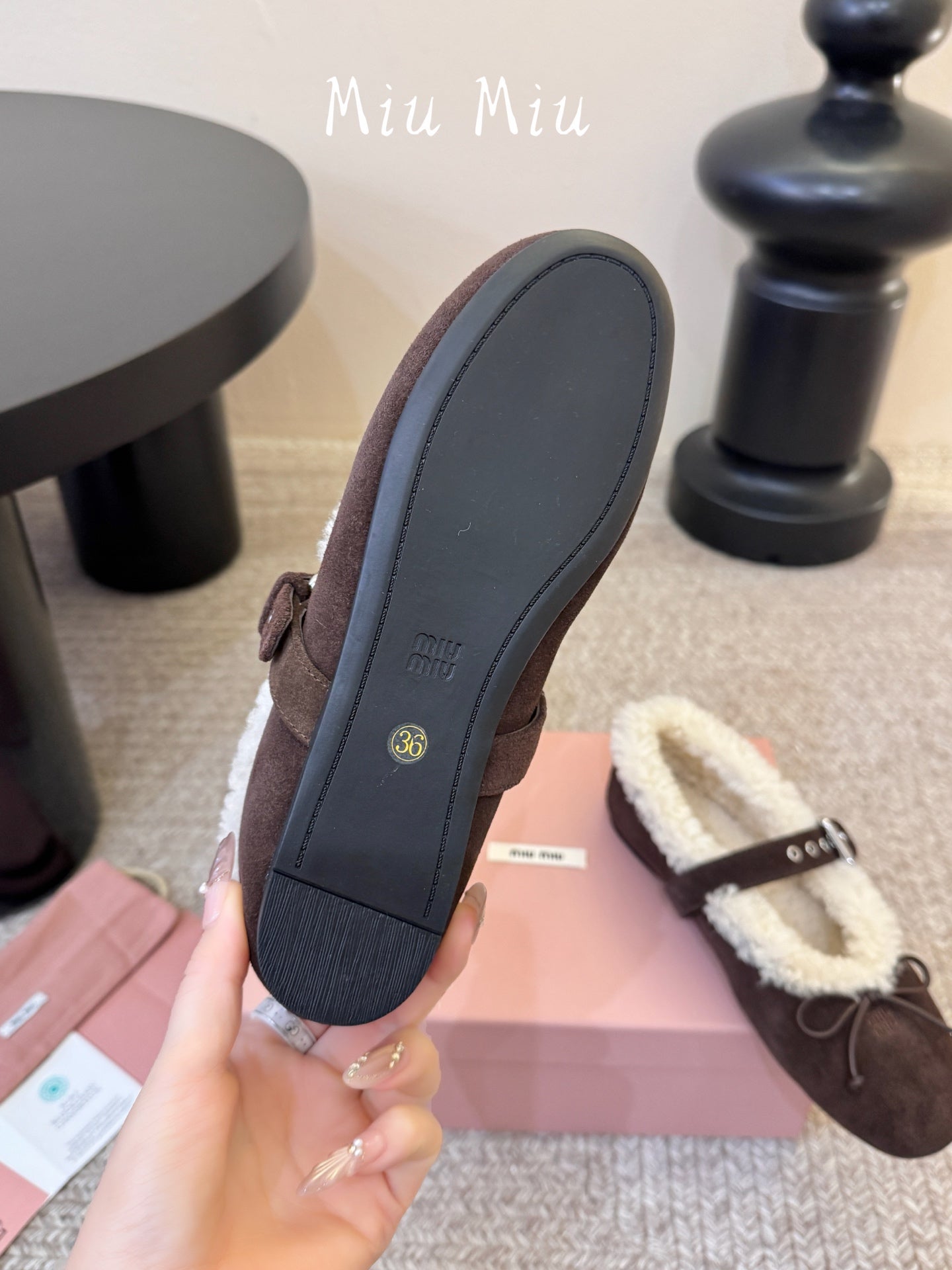 MIUMIU 26S SHEARLING-LINED MARY JANE IN DARK BROWN SUEDE