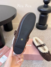 MIUMIU 26S SHEARLING-LINED MARY JANE IN DARK BROWN SUEDE