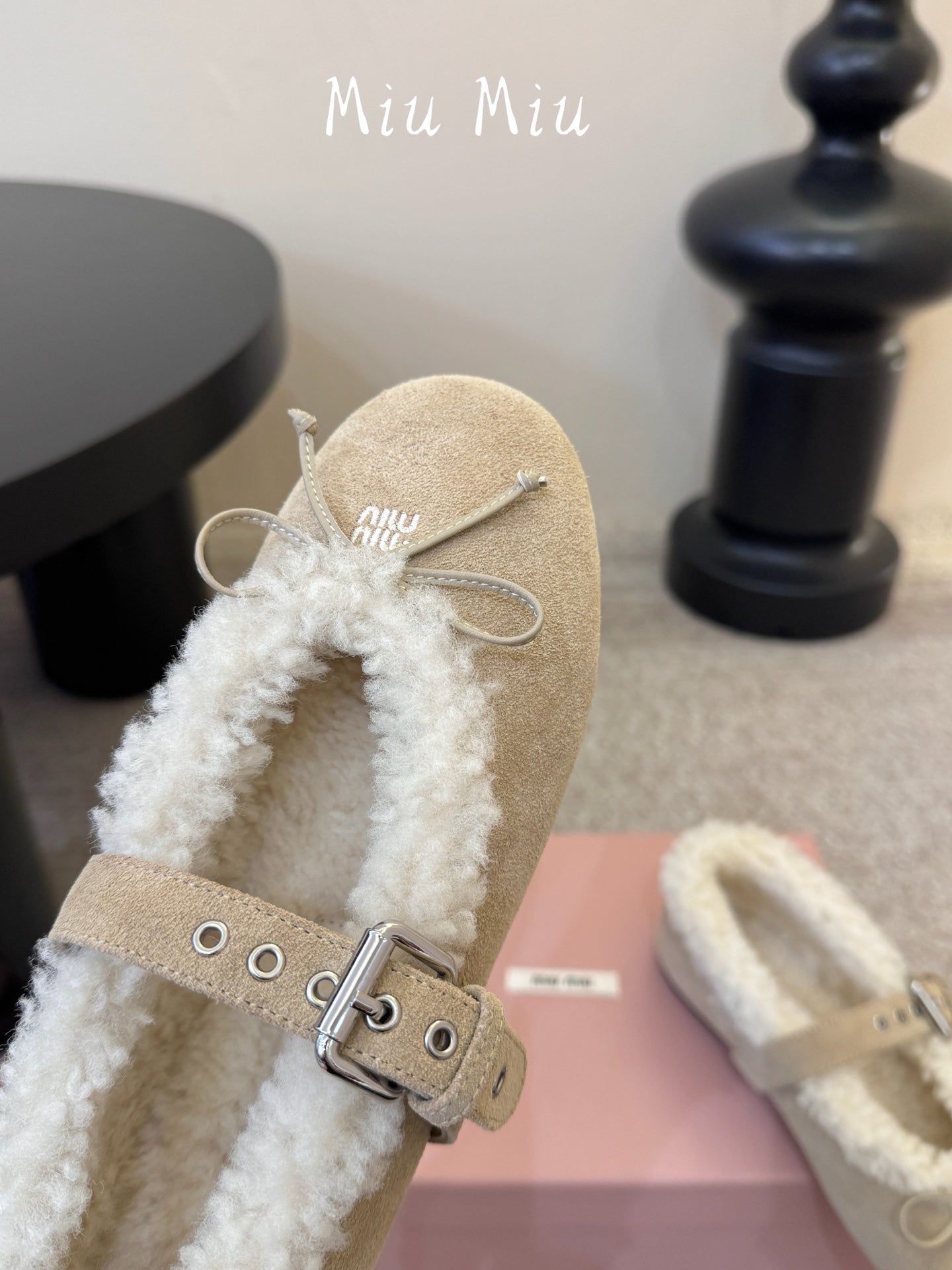 MIUMIU 26S SHEARLING-LINED MARY JANE IN BEIGE SUEDE