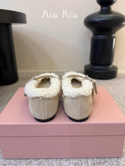 MIUMIU 26S SHEARLING-LINED MARY JANE IN BEIGE SUEDE