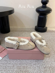 MIUMIU 26S SHEARLING-LINED MARY JANE IN BEIGE SUEDE