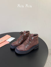 MIUMIU 26S ANKLE MOUNTAIN BOOTS IN DARK BROWN CALFSKIN