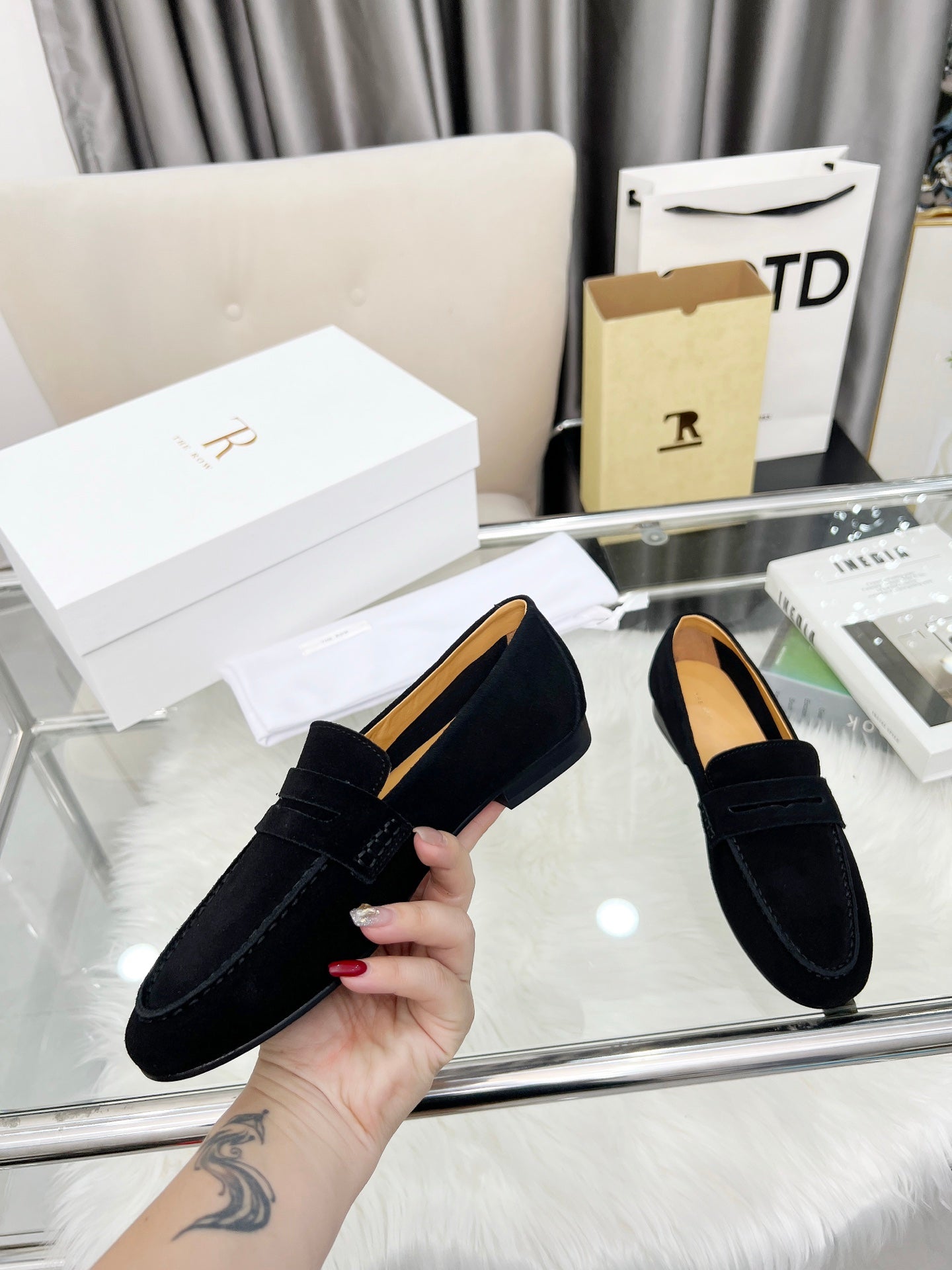THE ROW 26S PENNY LOAFERS IN BLACK SUEDE