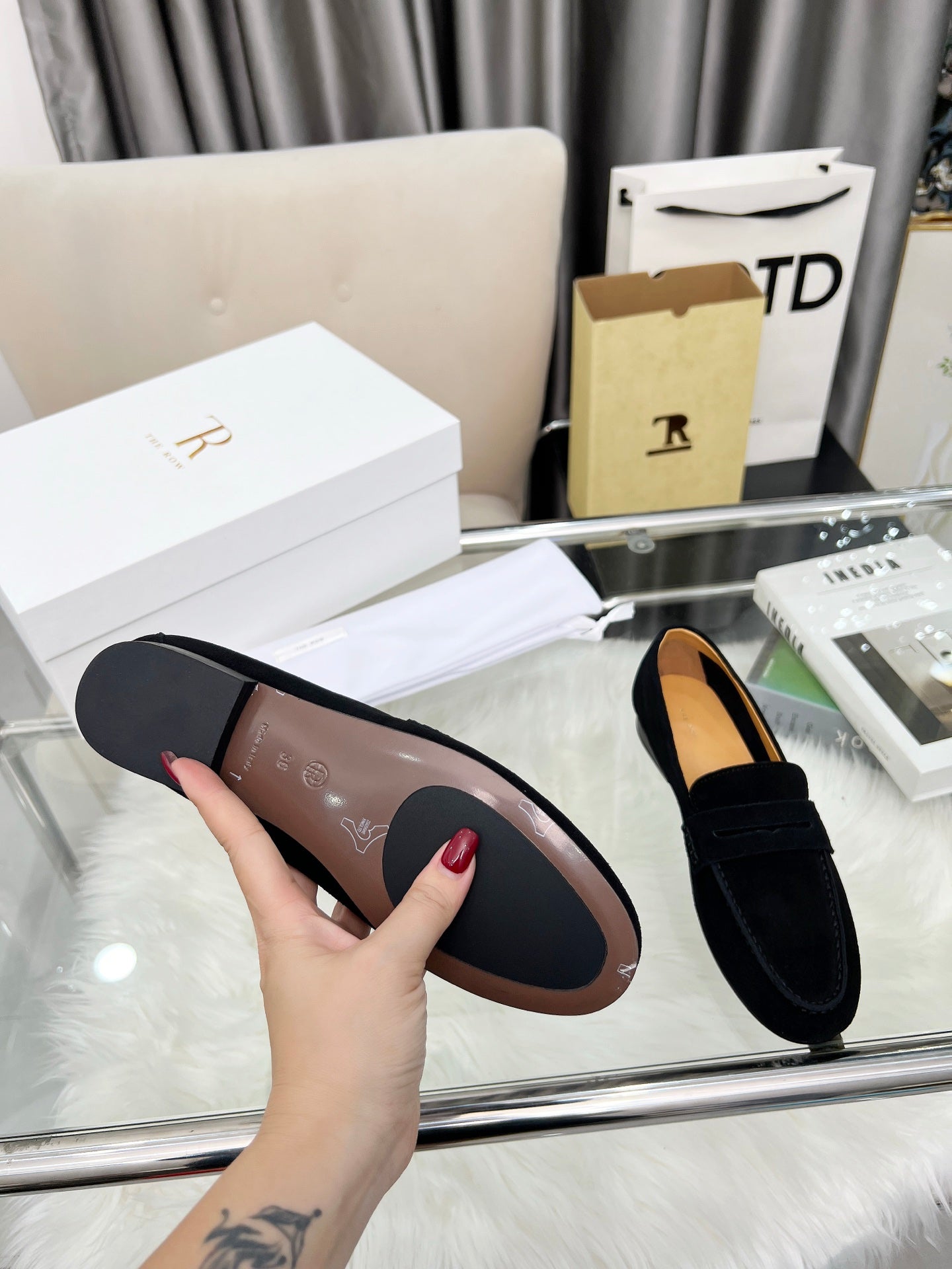 THE ROW 26S PENNY LOAFERS IN BLACK SUEDE