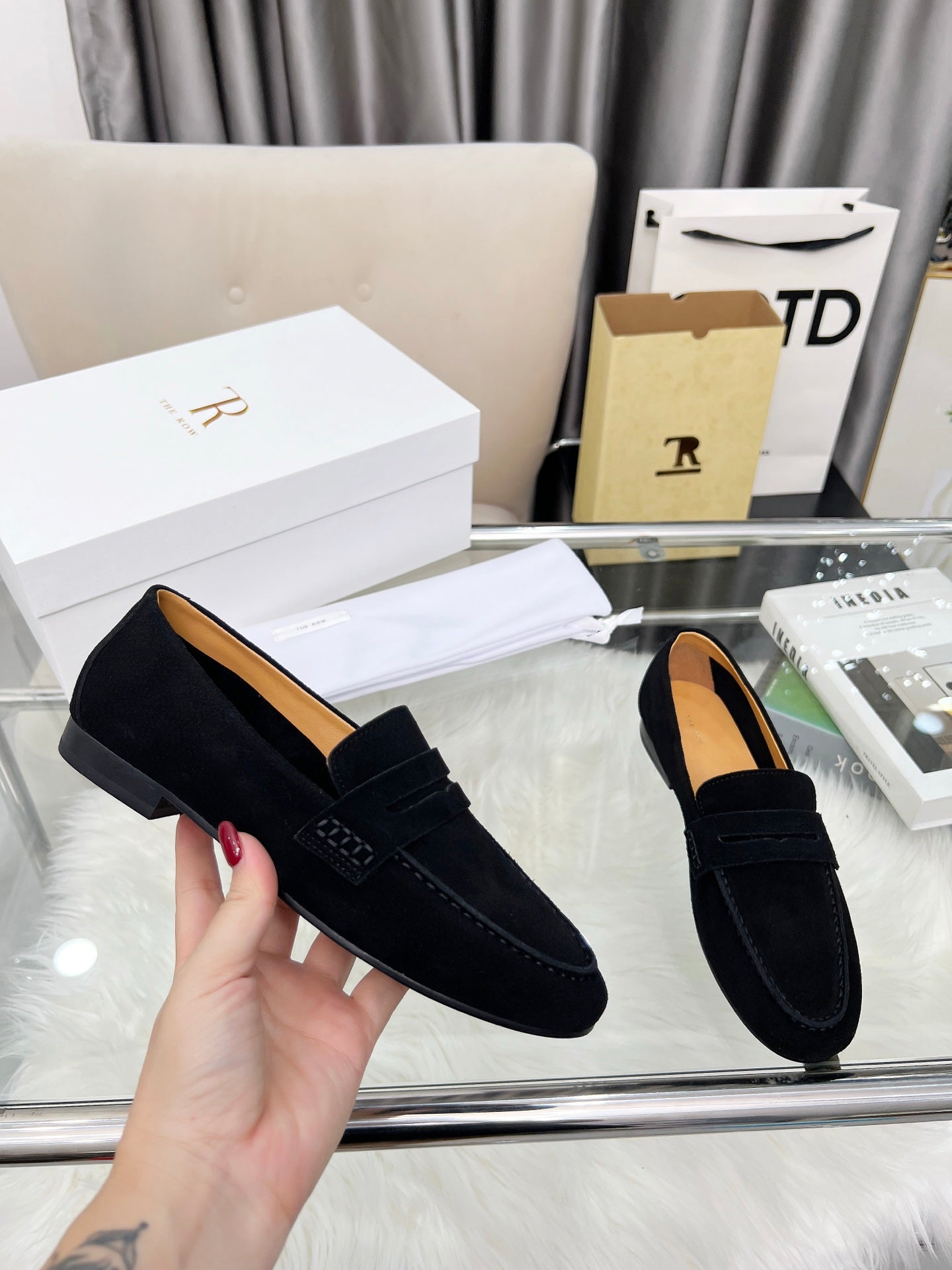 THE ROW 26S PENNY LOAFERS IN BLACK SUEDE