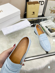 THE ROW 26S PENNY LOAFERS IN LIGHT BLUE SUEDE