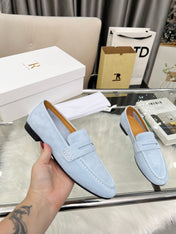 THE ROW 26S PENNY LOAFERS IN LIGHT BLUE SUEDE
