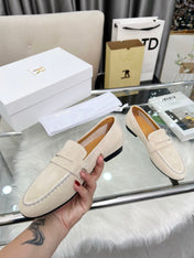 THE ROW 26S PENNY LOAFERS IN LIGHT BEIGE SUEDE