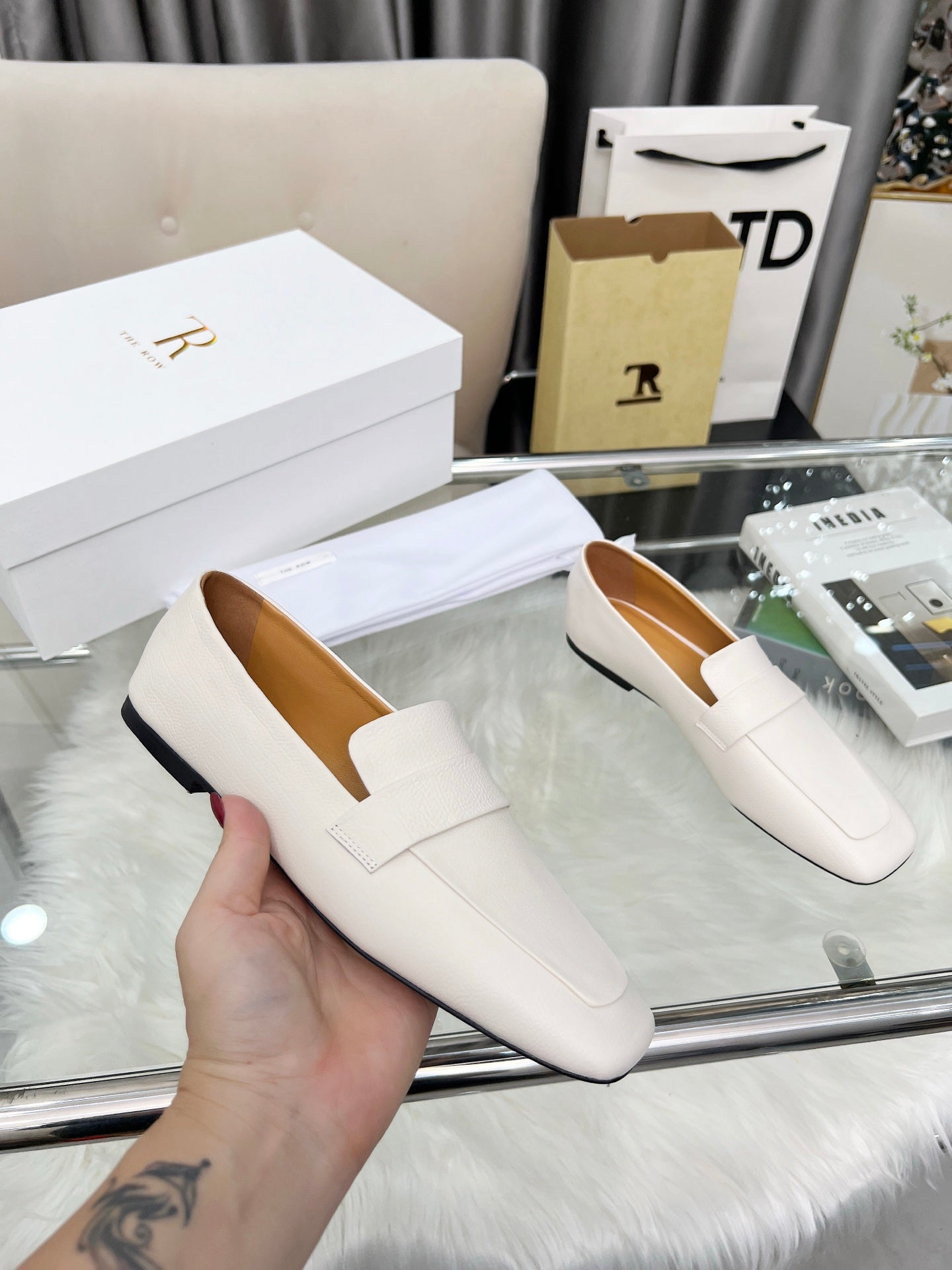 THE ROW 26S PENNY LOAFER FLATS IN IVORY WHITE GRAINED CALFSKIN